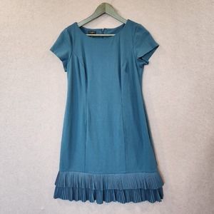 Talbots Shift Dress Cap Sleeve Pleated layered Hem Sz 8P‎ Ponte Knit Teal Blue